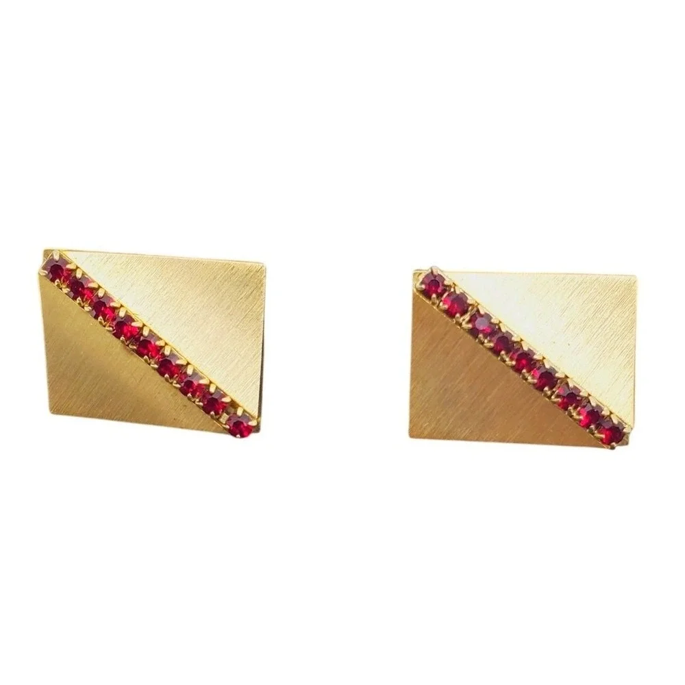 Sarah Coventry Brushed Gold Tone Cufflinks Square Rectangular Red Glass Matador